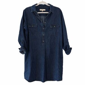 LOFT Dark Wash Denim Dress Boho Western Prairie Chambray Shirt Dress Cottagecore